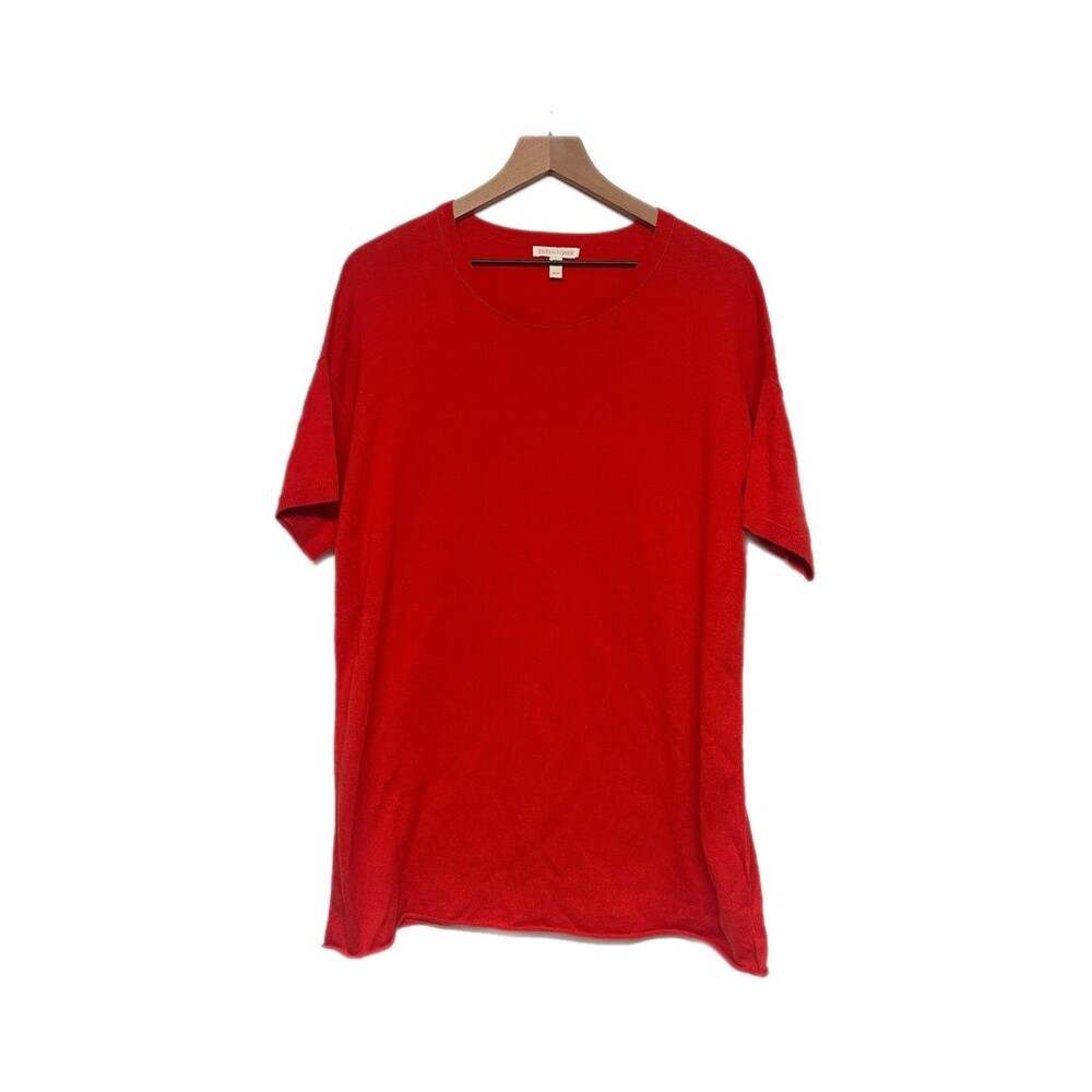 Eileen Fisher Womens Short Sleeve Tunic Knit Top Size M Orange Minimalist Luxury